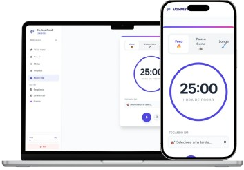 Modo foco do VoxMind com cronômetro pomodoro no computador e no celular